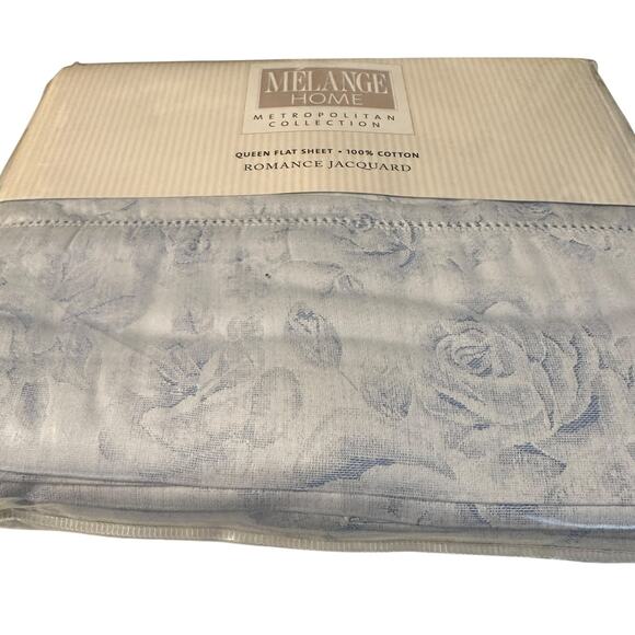 Melange Home Metropolitan Collection Queen Flat Sheet 100% Cotton Blue Rose NEW - Picture 3 of 3